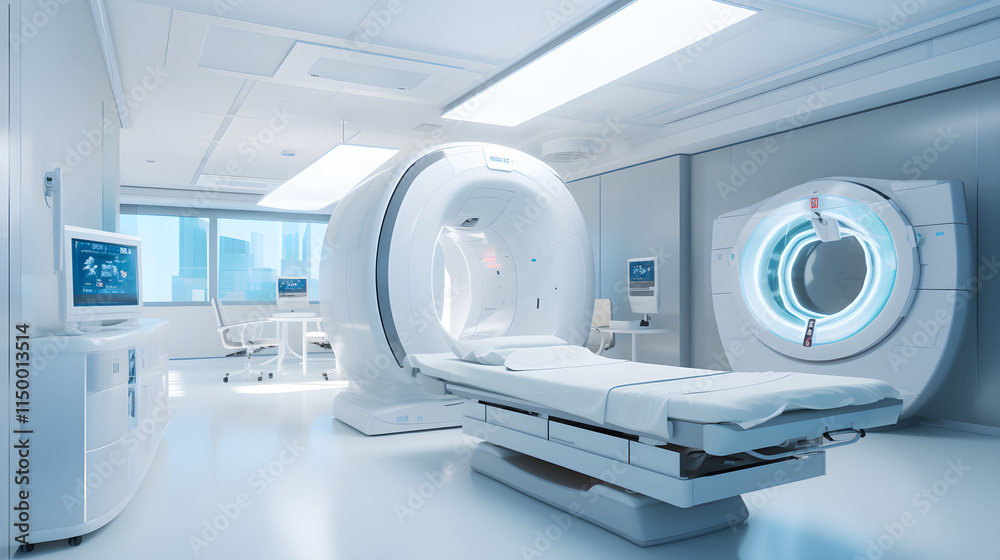 Clinical, High-Tech CT Scanner Room in a Modern Hospital Environment Clinical, High-Tech CT Scanner Room in a Modern Hospital Environment