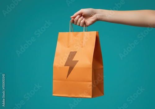 Food delivery paper bag, lightning bolt logo, hand holding bag, teal background