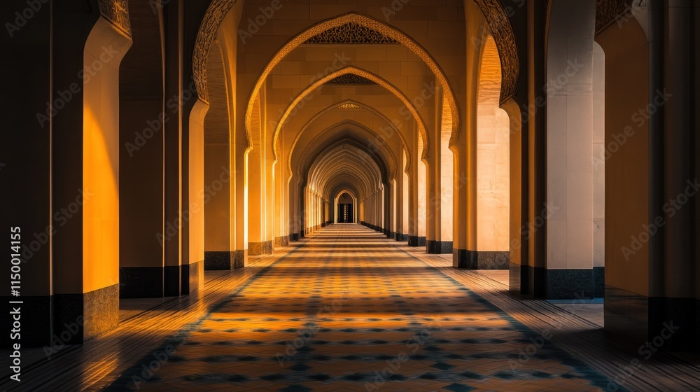 Obraz premium Long, arched hallway with patterned floor, sunlight streaming in.