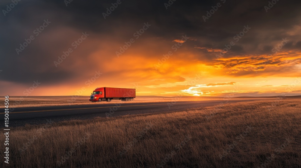 Fototapeta premium Red semi-truck driving on a highway during a dramatic sunset.