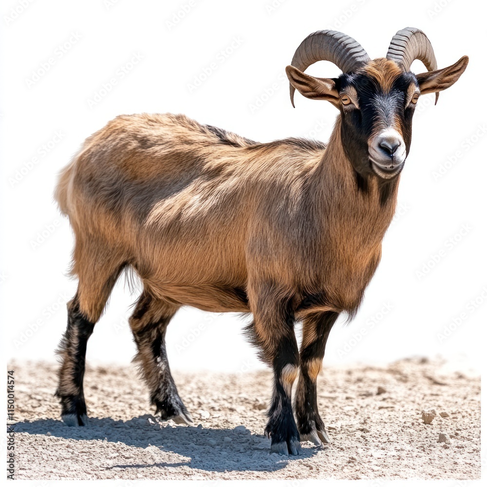 Fototapeta premium A standing goat with curved horns on a sandy surface.