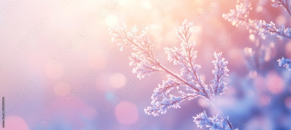 Frost-covered branch in soft, pastel winter light. Frost-covered branch in soft, pastel winter light.