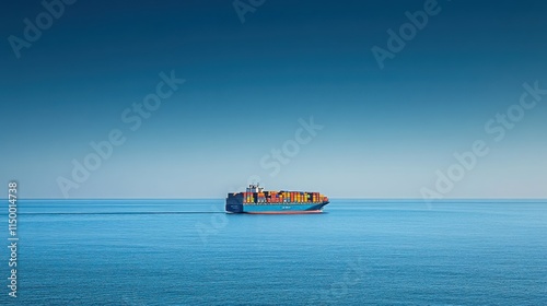 Container ship sailing on calm ocean under a clear blue sky.