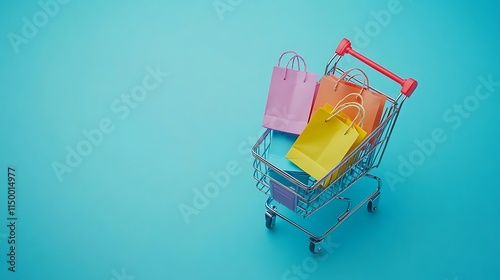 The concept of online shopping a mini shopping cart with colorful bags photo