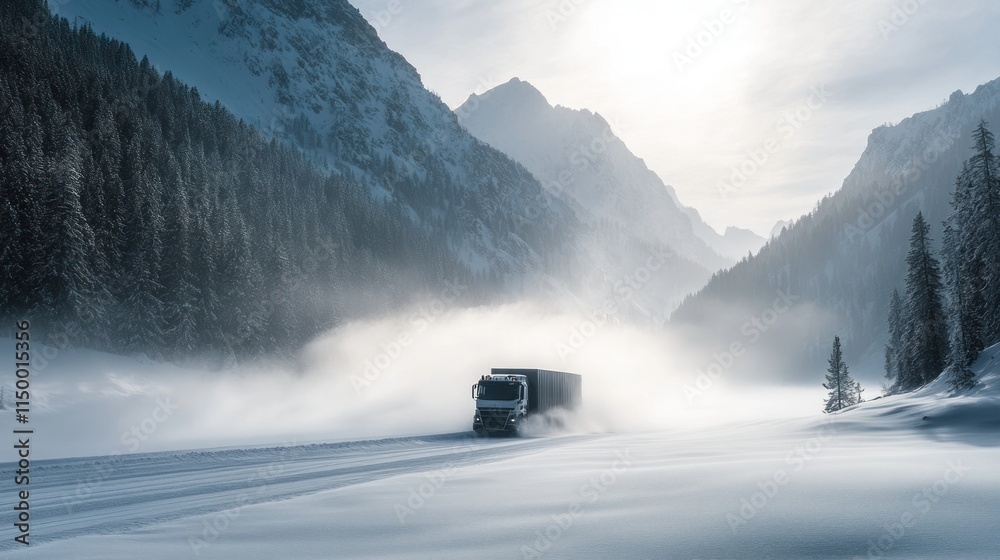 Semi-truck driving on a snowy mountain road in blizzard conditions. Semi-truck driving on a snowy mountain road in blizzard conditions.