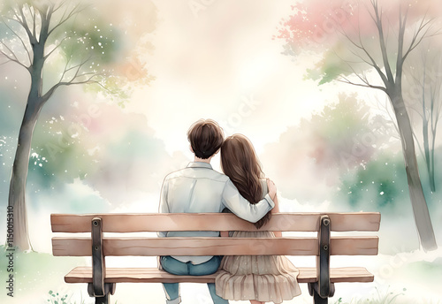 A romantic watercolor-style illustration of a couple sitting on a wooden bench, surrounded by nature.