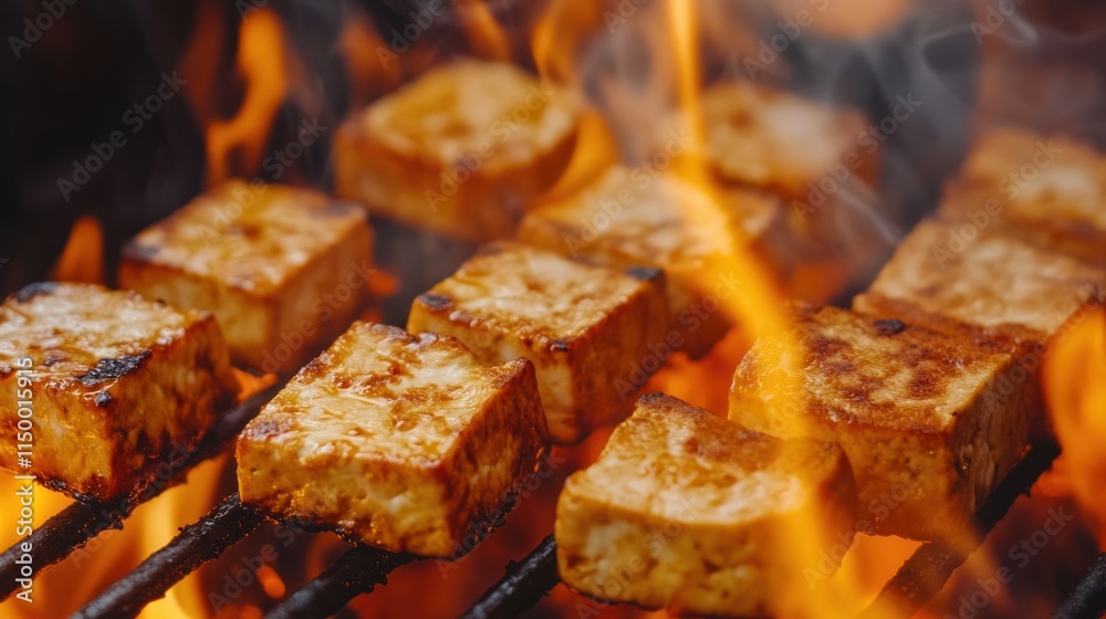 Grilled tofu cubes on a flaming grill. Grilled tofu cubes on a flaming grill.