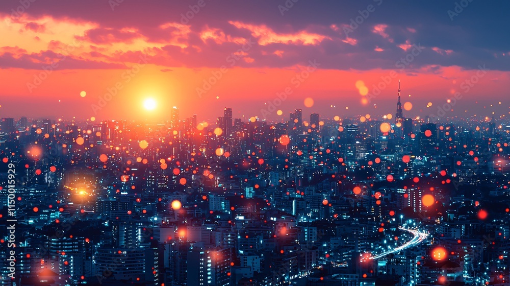 Sustainable community developments interconnected through adaptive and efficient smart grid systems Stock Photo with side copy space Sustainable community developments interconnected through adaptive and efficient smart grid systems Stock Photo with side copy space