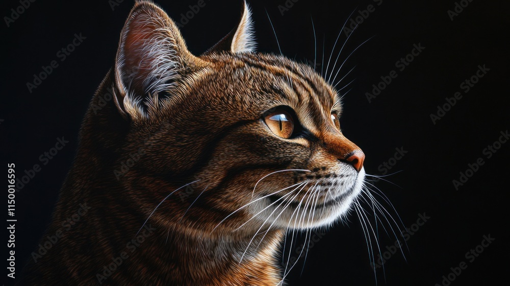 Close-up profile of a tabby cat with amber eyes against a black background. Close-up profile of a tabby cat with amber eyes against a black background.