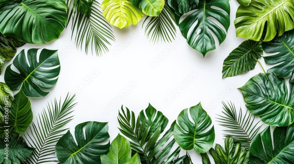 Lush tropical leaves frame on white.