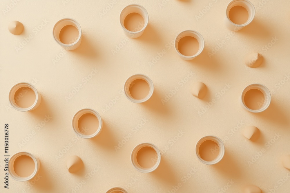 Pastel beige cups and geometric shapes on a light background. Pastel beige cups and geometric shapes on a light background.