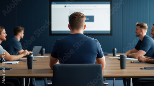 team meeting in modern office with focus on presentation screen