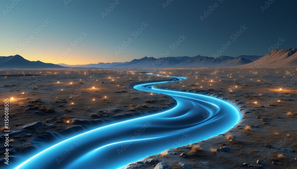 Fototapeta premium Glowing River in Desert Landscape at Sunset