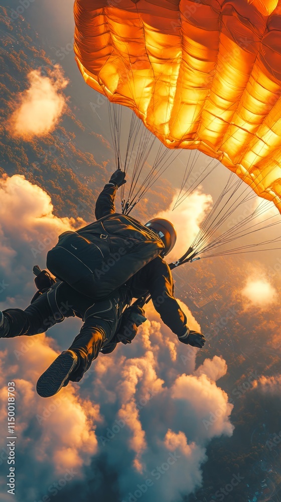 Skydiving adventure above majestic clouds breathtaking landscape action shot aerial view thrill of freefall