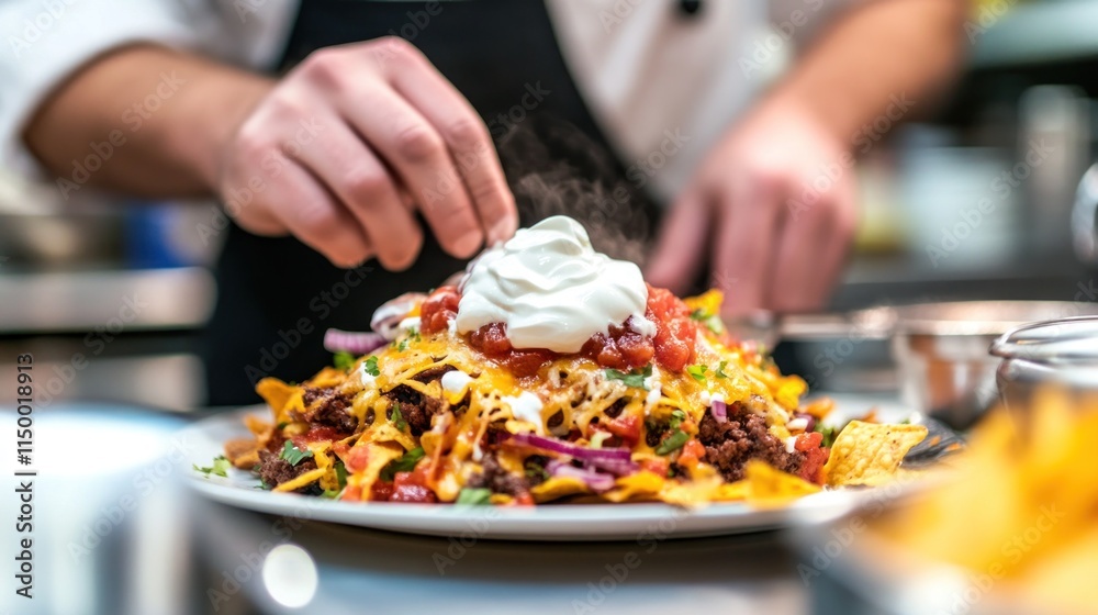 Chef preparing a plate of nachos with sour cream and salsa. Chef preparing a plate of nachos with sour cream and salsa.