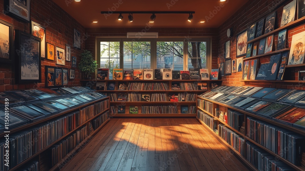 Sunlit record store, shelves full of vinyl. Sunlit record store, shelves full of vinyl.