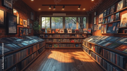Sunlit record store, shelves full of vinyl.