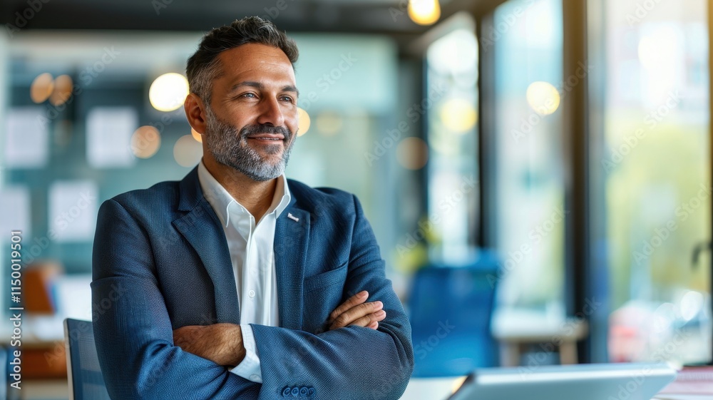 Fototapeta premium A confident man in a blazer smiles while standing in a modern office space, embodying professionalism and approachability.