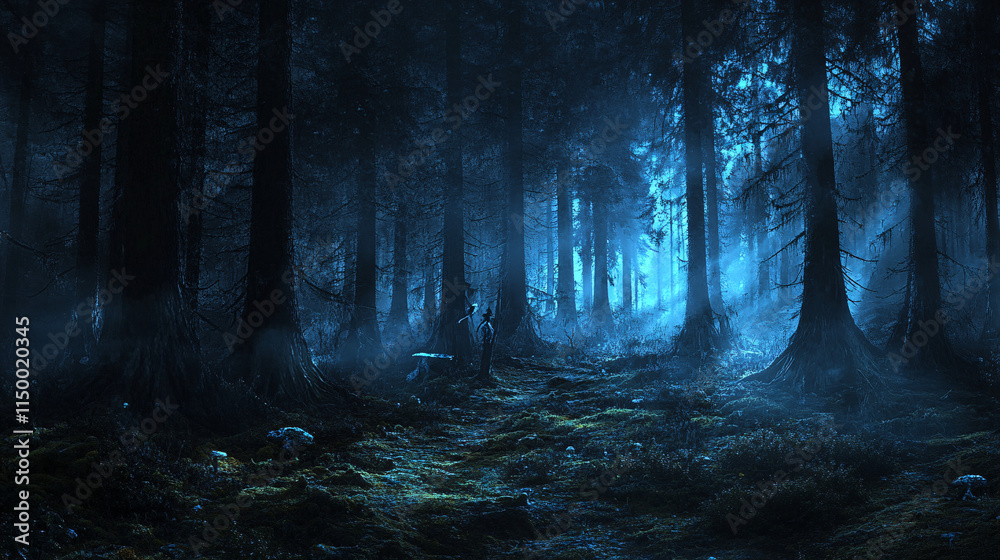 Fototapeta premium Dark, misty forest at night, where towering blackened trees form ghostly silhouettes, the ground covered in lichen and thin wisps of fog illuminated by faint blue light.