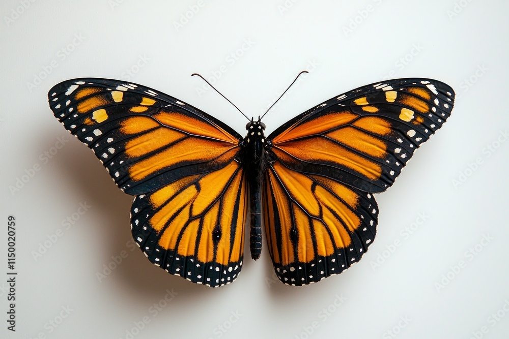 beautiful monarch butterfly vibrant orange and black patterns rests its wings spread displaying its delicate structure against simple white background. beautiful monarch butterfly vibrant orange and black patterns rests its wings spread displaying its delicate structure against simple white background.