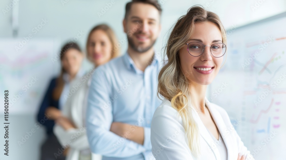 A professional group portrait featuring four individuals, with a focus on a smiling woman in the foreground, representing teamwork and collaboration in a business environment. A professional group portrait featuring four individuals, with a focus on a smiling woman in the foreground, representing teamwork and collaboration in a business environment.