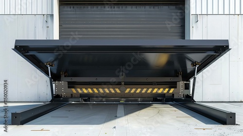 Hydraulic dock leveler is lowered into loading dock bay equipped safety markings safe efficient goods transfer between vehicles warehouses