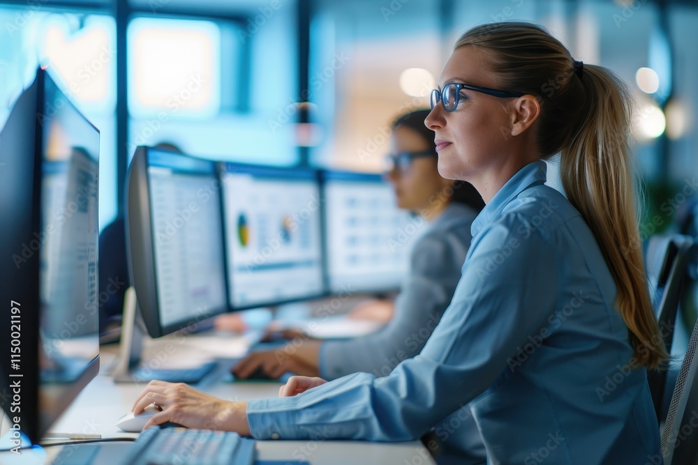 A focused professional working on multiple screens in a modern office environment, showcasing technology and collaboration. A focused professional working on multiple screens in a modern office environment, showcasing technology and collaboration.