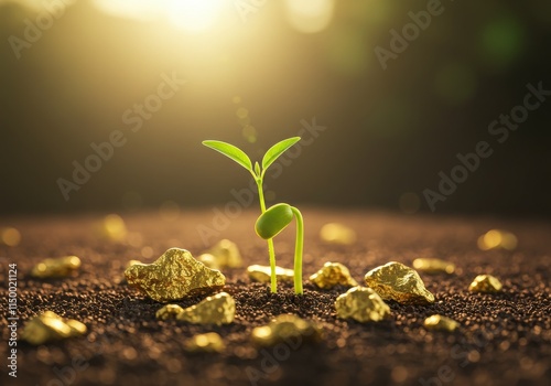 Golden nuggets, small green plant sprout, rich soil, sunlit background, bokeh effect, macro photo