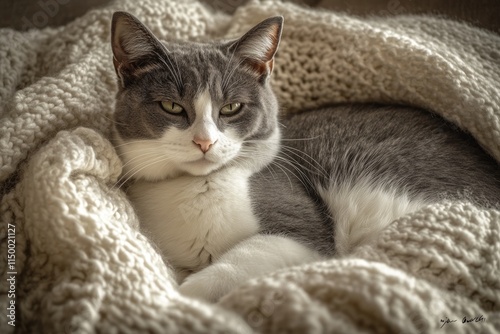 Wallpaper Mural Gray and white cat relaxing in a cozy knitted blanket. Torontodigital.ca