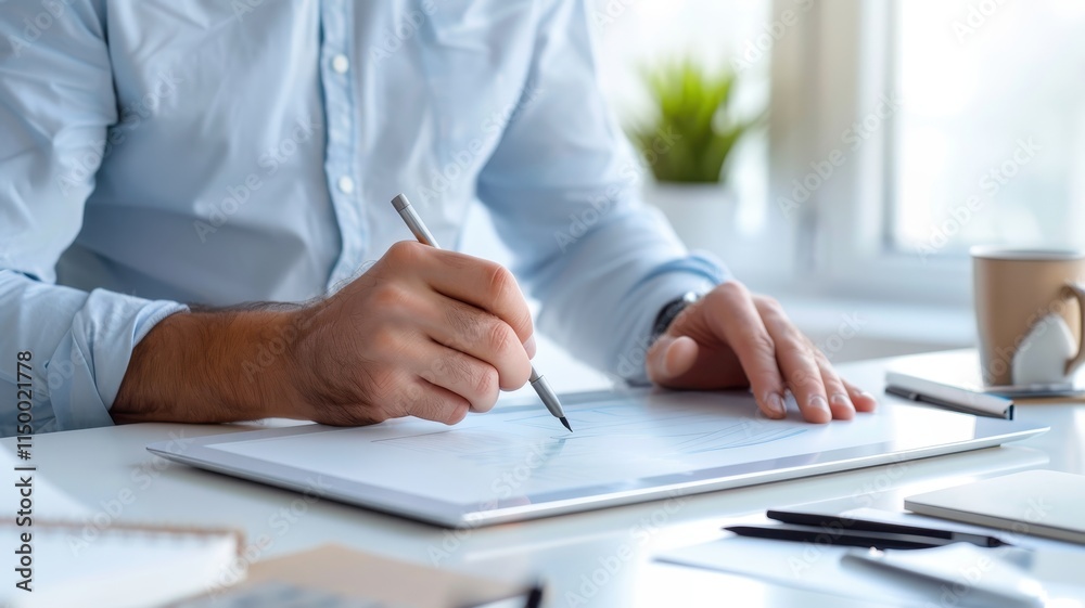 A person writes on a notepad at a desk, surrounded by stationery and a plant, in a bright and organized workspace. A person writes on a notepad at a desk, surrounded by stationery and a plant, in a bright and organized workspace.