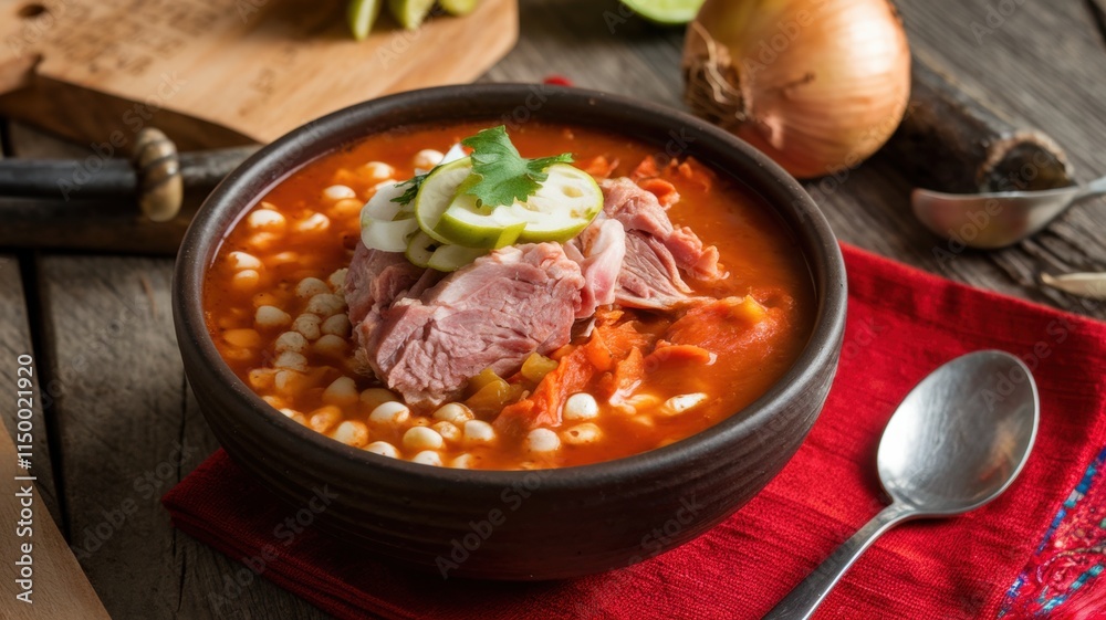 Homemade Pozole Rojo (Mexican-style pork stew with hominy). Homemade Pozole Rojo (Mexican-style pork stew with hominy).
