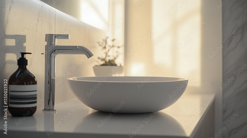 Fototapeta premium A close-up shot of the white, round sink on top, the modern silver faucet