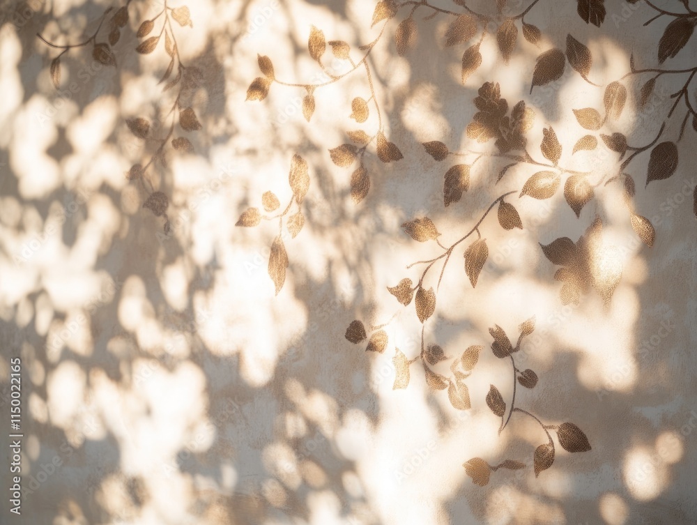 Sunlight casts leaf shadows on patterned wall. Sunlight casts leaf shadows on patterned wall.