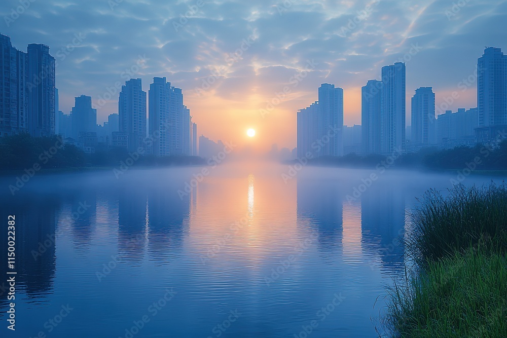 Naklejka premium A city skyline is reflected in the water