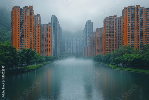 A river runs through a city with tall buildings on either side