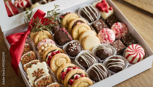 Christmas cookie box filled with gingerbread, chocolate truffles, and peppermint bark arranged with red ribbon photo