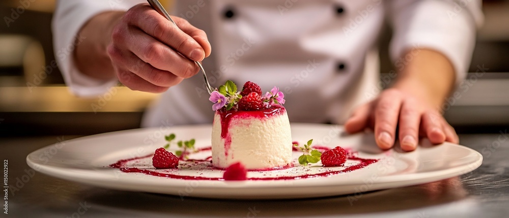 Chef plating elegant raspberry dessert. Chef plating elegant raspberry dessert.