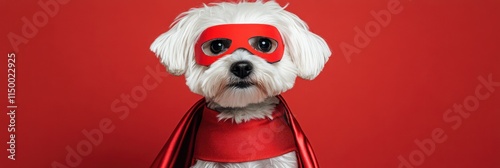 Cute white dog in red superhero cape and mask on red background. photo