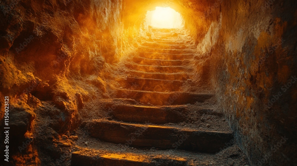 Obraz premium A dimly lit staircase leading toward a bright light, suggesting an exit or enlightenment.