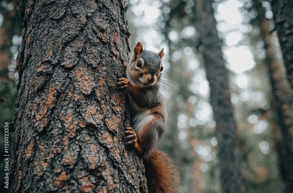 Obraz premium Cute red squirrel eating on a tree trunk in the forest