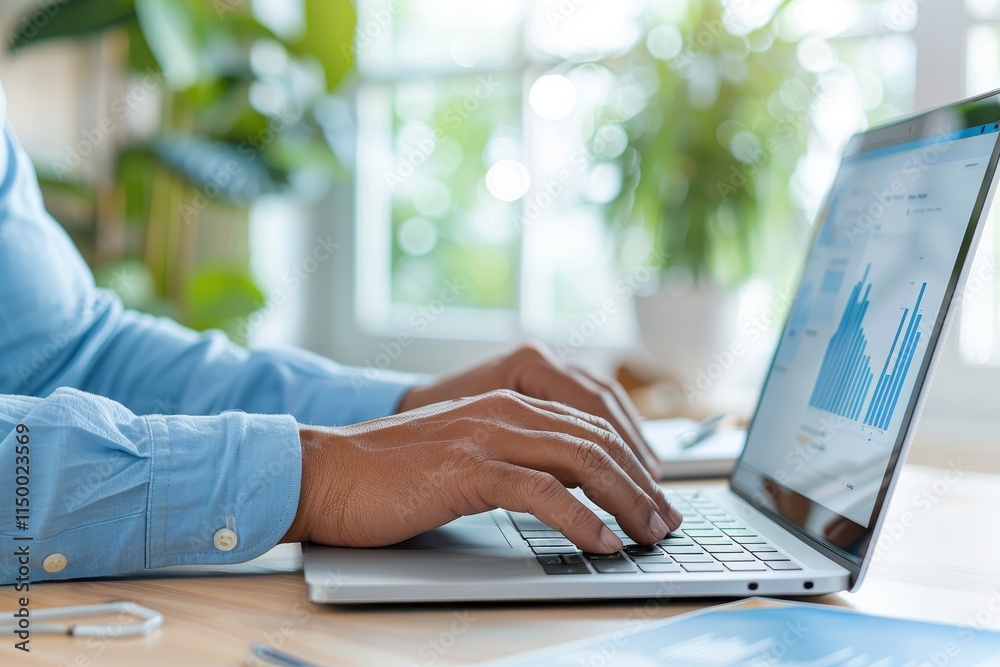 A person typing on a laptop, analyzing data with charts displayed on the screen, surrounded by indoor plants. A person typing on a laptop, analyzing data with charts displayed on the screen, surrounded by indoor plants.