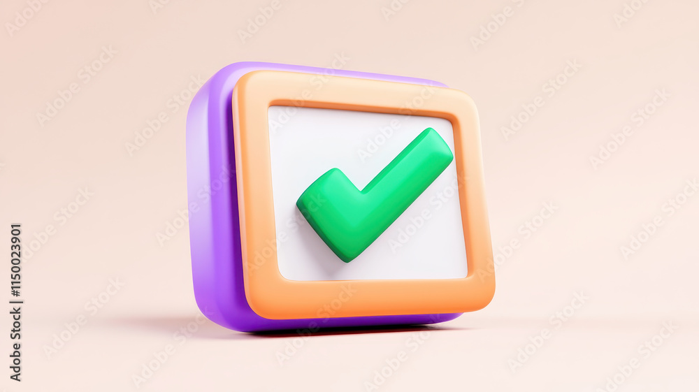 3D checkmark icon in colorful square frame, symbolizing approval and organization 3D checkmark icon in colorful square frame, symbolizing approval and organization