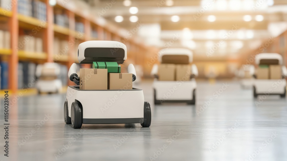 Obraz premium Illustrate AI-powered robots loading eco-friendly packages into delivery vehicles