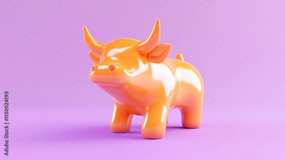 Obraz premium Orange bull figurine on purple background, symbolizing market growth and optimism