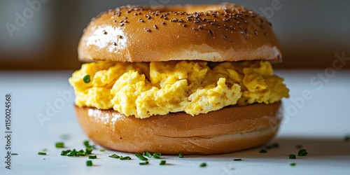 A single egg bagel sandwich with fluffy scrambled eggs as the filling, arranged neatly on a white surface photo