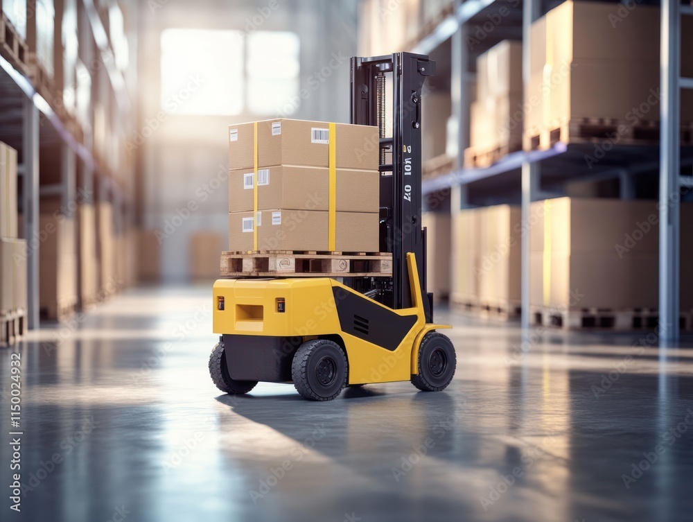 Yellow forklift carrying cardboard boxes on pallet in warehouse. Yellow forklift carrying cardboard boxes on pallet in warehouse.