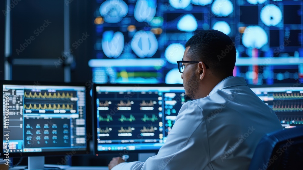 A healthcare professional analyzes data on multiple screens in a high-tech environment, focused on patient monitoring and diagnostics. A healthcare professional analyzes data on multiple screens in a high-tech environment, focused on patient monitoring and diagnostics.