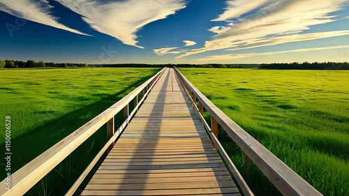 Wooden Boardwalk Stretching Across a Vast Green Meadow Under a Vibrant Blue Sky with Whispy Clouds

 photo