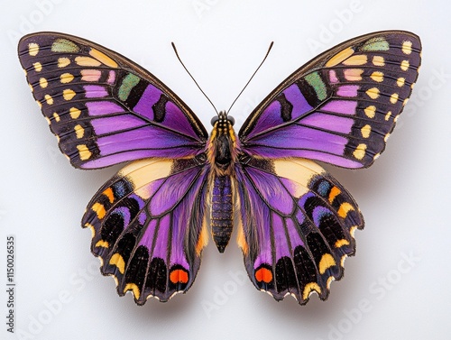 Gracefully posed on clean white background purple spotted swallowtail Graphium weiskei showcases its vibrant purple and green spots on stunning black wings true marvel of nature. photo