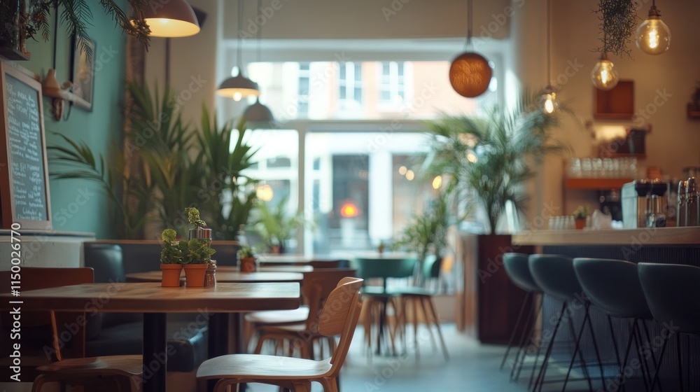 Cozy cafe interior with wooden tables, chairs, plants, and warm lighting. Cozy cafe interior with wooden tables, chairs, plants, and warm lighting.